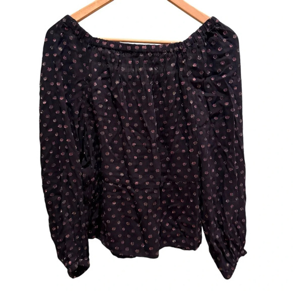 Ann Taylor LOFT Womens Black Polka Dot Off Shoulder Long Sleeve Blouse XS Boho - Picture 5 of 8